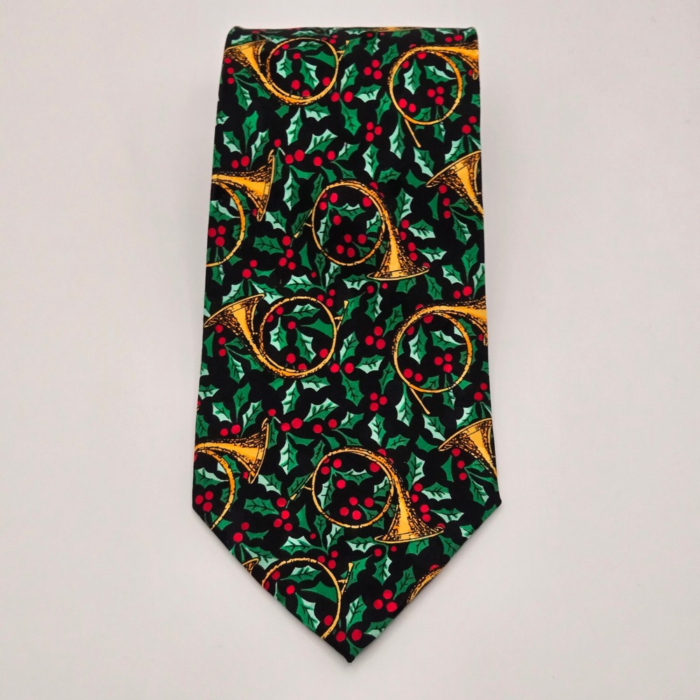 Mens Christmas Silk Tie French Horn Holly Berry Black Holiday Festive